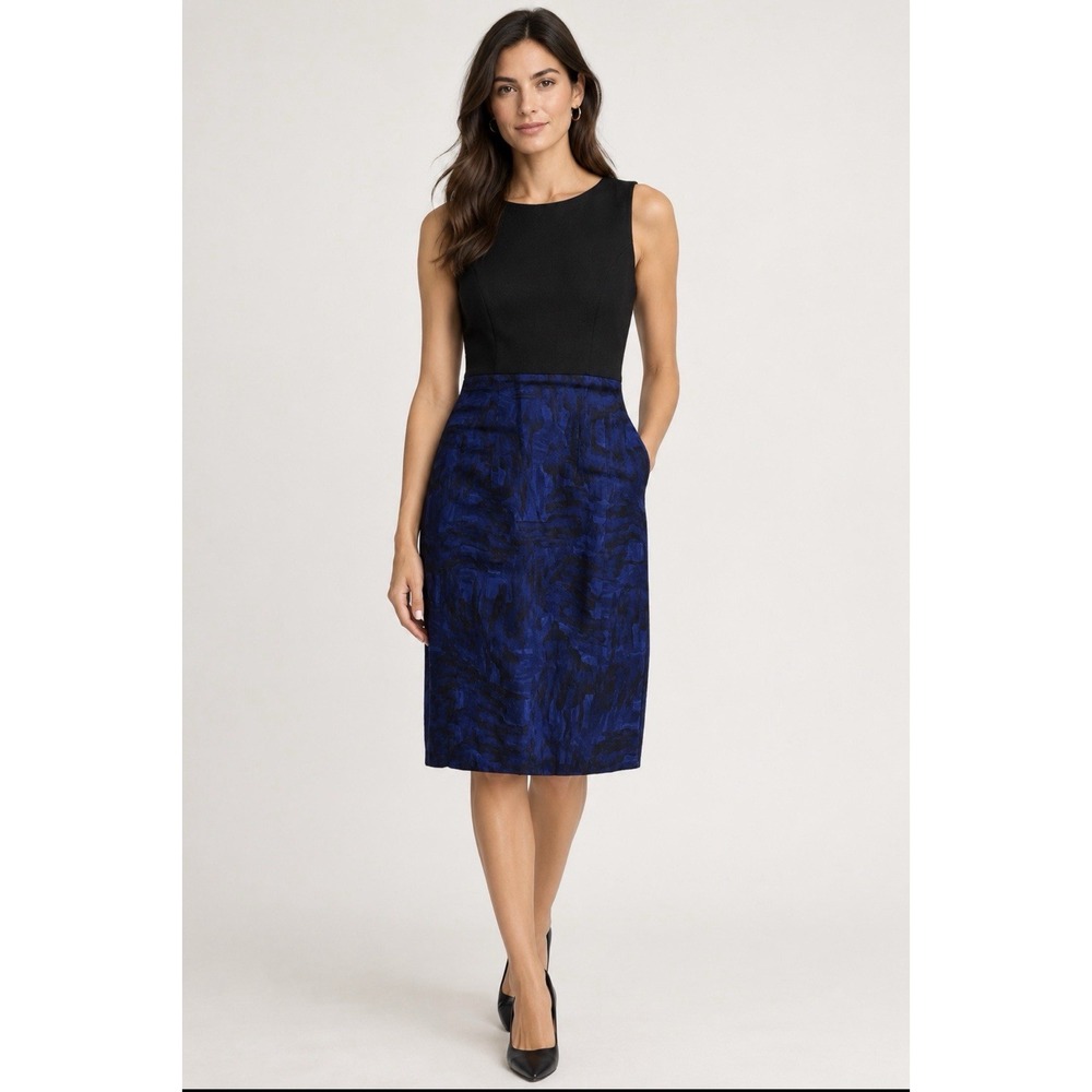 Theory Yeneth Dress 8 Black Blue Brushstroke Sheath Knee Cotton 81074614